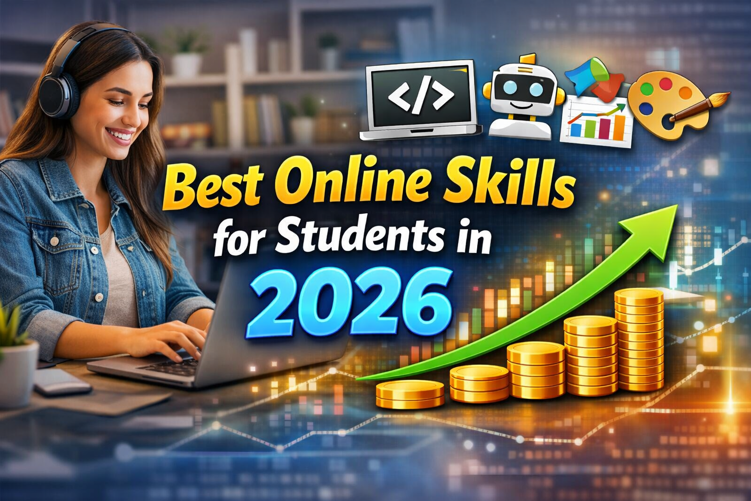 ChatGPT Image Mar 24, 2026, 07_53_28 PM Best online skills for students in 2026 including AI, coding, digital marketing, and freelancing with laptop workspace and growth chart illustration