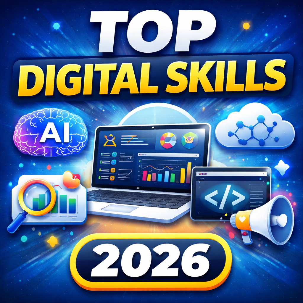 Digital skills in high demand worldwide including AI, data analytics, cloud computing, and digital marketing in 2026