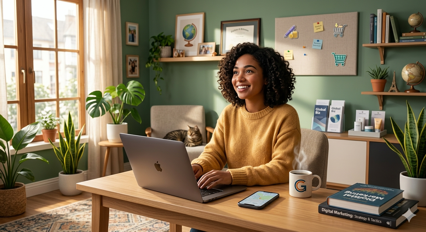 Gemini_Generated_Image_hz3xo4hz3xo4hz3x Beginner entrepreneur working on a laptop at home with digital icons representing online business ideas like freelancing, e-commerce, social media, and online courses.