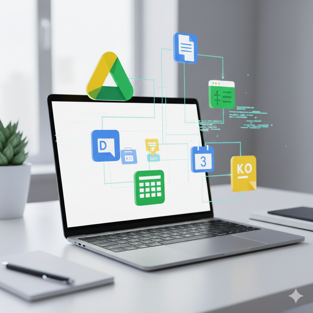 Feature image showing Google Drive, Docs, Sheets, Calendar, and Keep icons representing digital productivity tools.