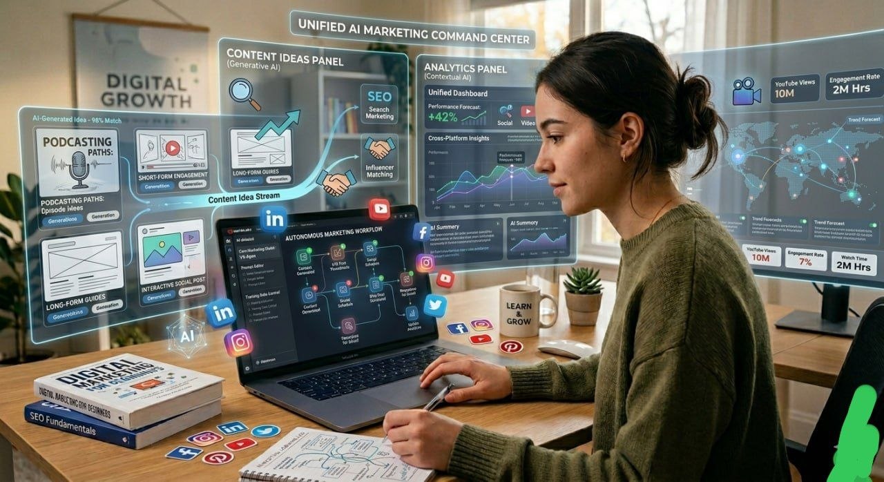 AI-powered digital marketing AI-powered digital marketing assistant generating content ideas, analytics, and automation workflow on futuristic interface