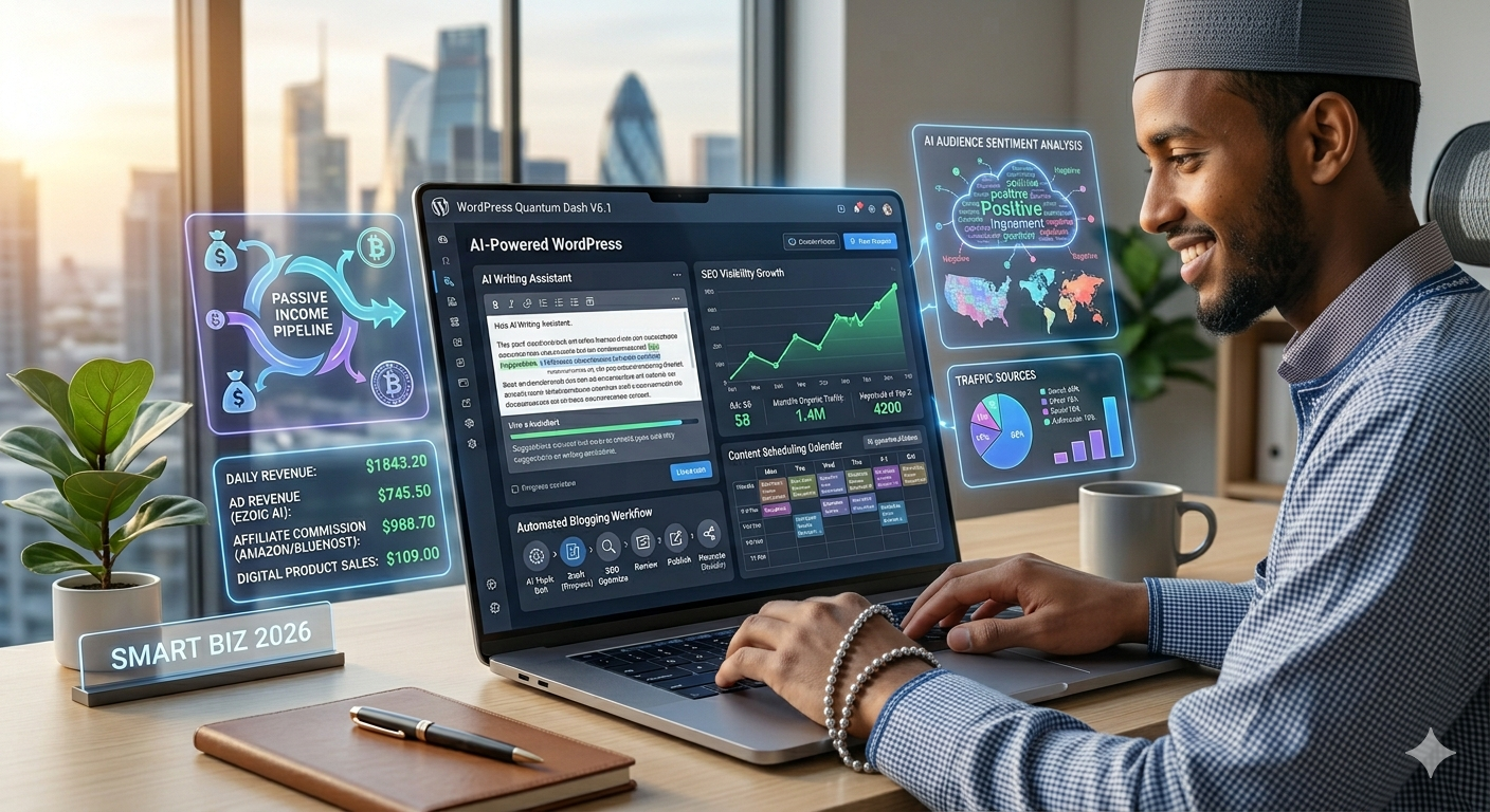 AI Automated WordPress Website Dashboard for Passive Income (2026) AI-powered WordPress automation dashboard showing blogging, SEO analytics, and content scheduling system for passive income website