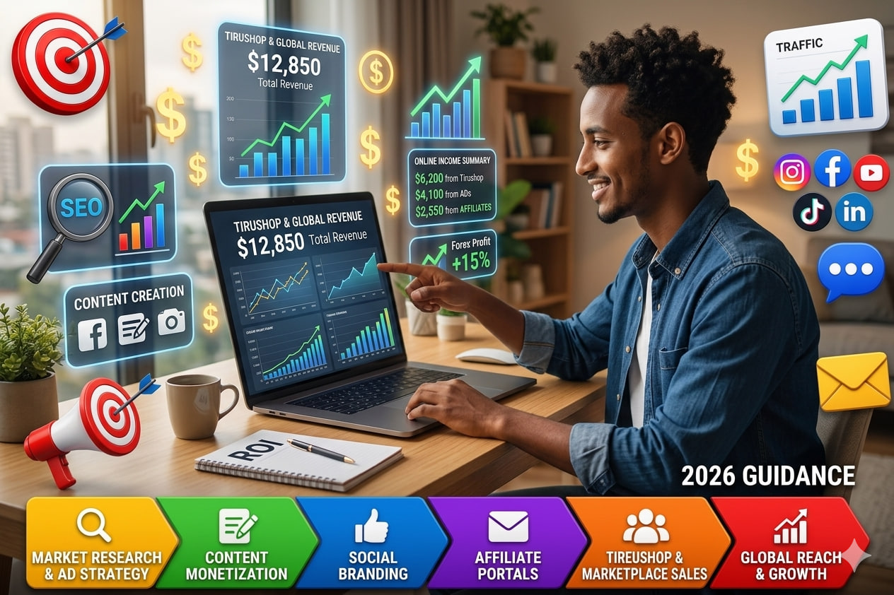 A motivated freelancer or digital marketer working comfortably from home, sitting on a couch or desk setup, looking confident while checking income analytics on a laptop.