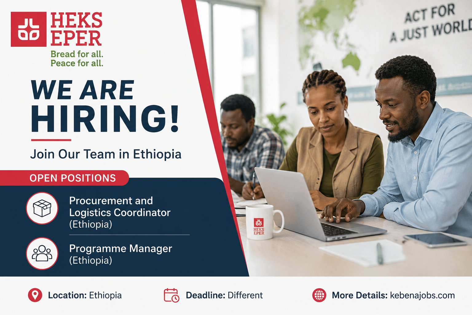 A professional recruitment banner for Swiss Church Aid (HEKS/EPER) announcing two job openings in Ethiopia. The image shows three Ethiopian professionals working together around a laptop in an office, alongside text highlighting available positions for Procurement and Logistics Coordinator and Programme Manager, with location in Ethiopia and application deadline information