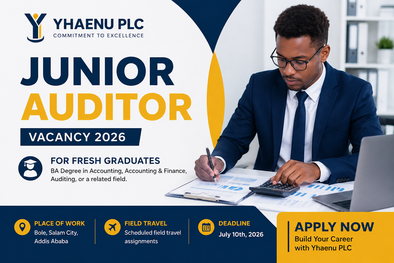 Yhaenu PLC Junior Auditor Vacancy 2026 Yhaenu PLC Junior Auditor Fresh Graduate Job Vacancy 2026 Addis Ababa Ethiopia