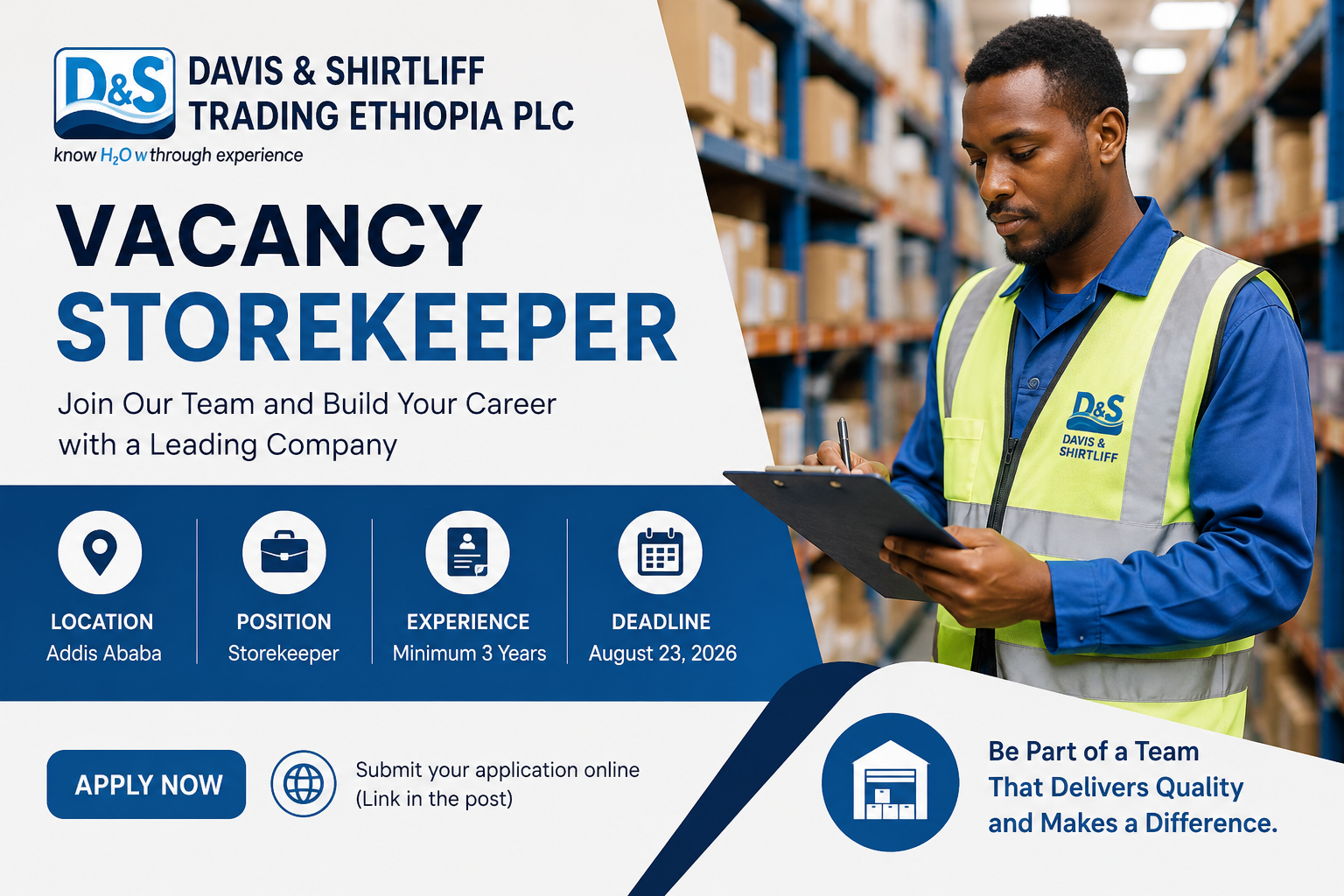 Davis & Shirtliff Ethiopia Vacancy 2026 | Storekeeper Job