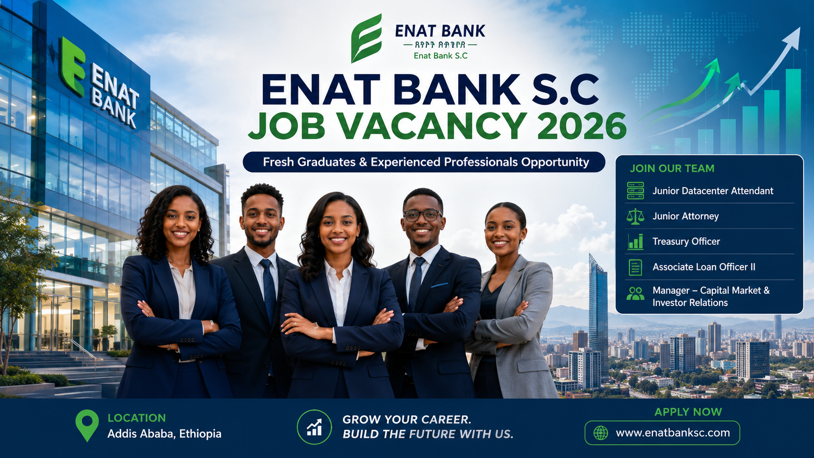 Enat Bank S.C job vacancy 2026 announcement featuring fresh graduates and experienced professionals hiring in Addis Ababa for roles including datacenter attendant, attorney, loan officer, treasury officer, and manager positions with application deadline July 8, 2026.