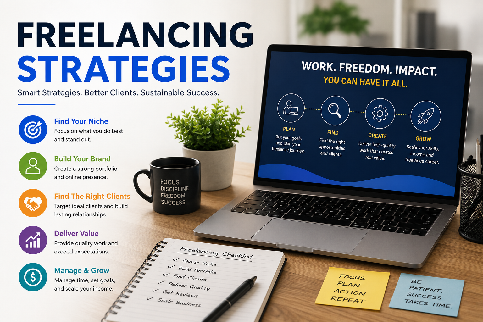 Freelancing Strategies illustration showing a freelancer working on a laptop with tips for finding clients, building a personal brand, managing projects, and growing a successful freelance career.