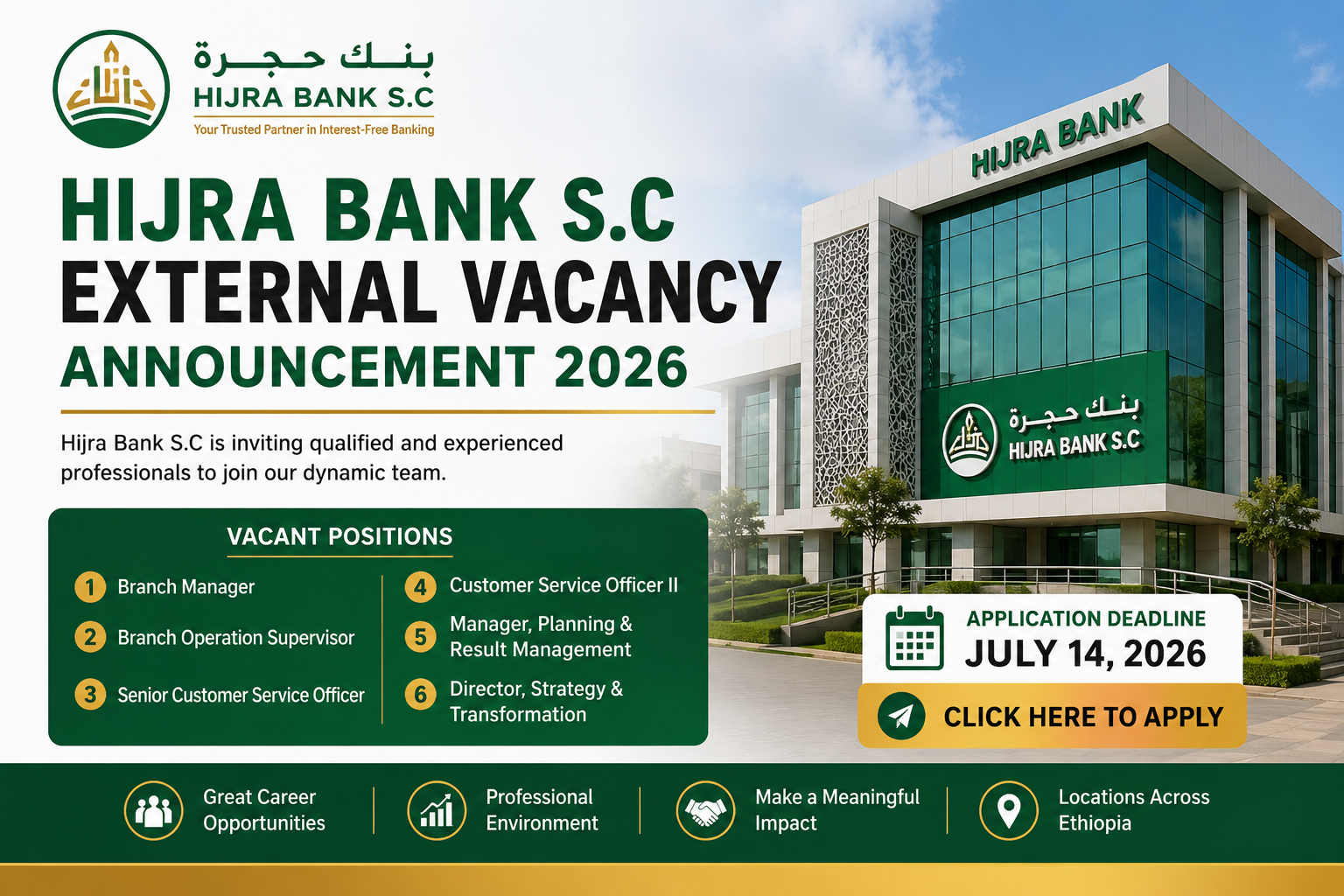 Hijra Bank S.C External Vacancy Announcement 2026 for Multiple Banking Positions in Ethiopia