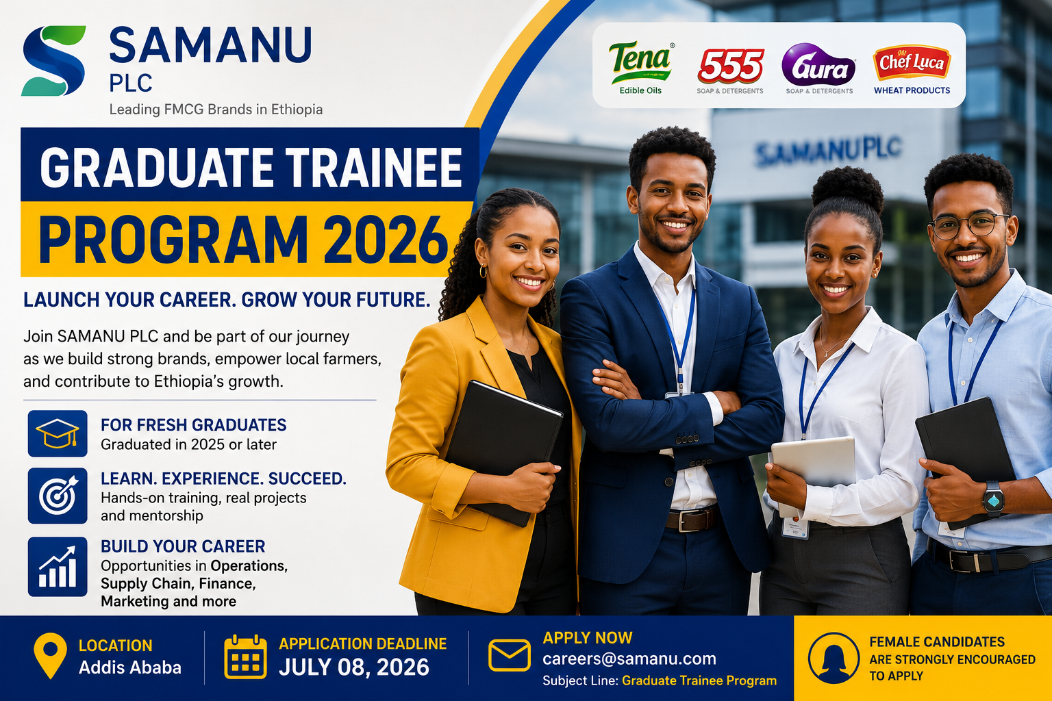 SAMANU PLC Graduate Trainee Program 2026 recruitment for fresh graduates in Addis Ababa, Ethiopia.