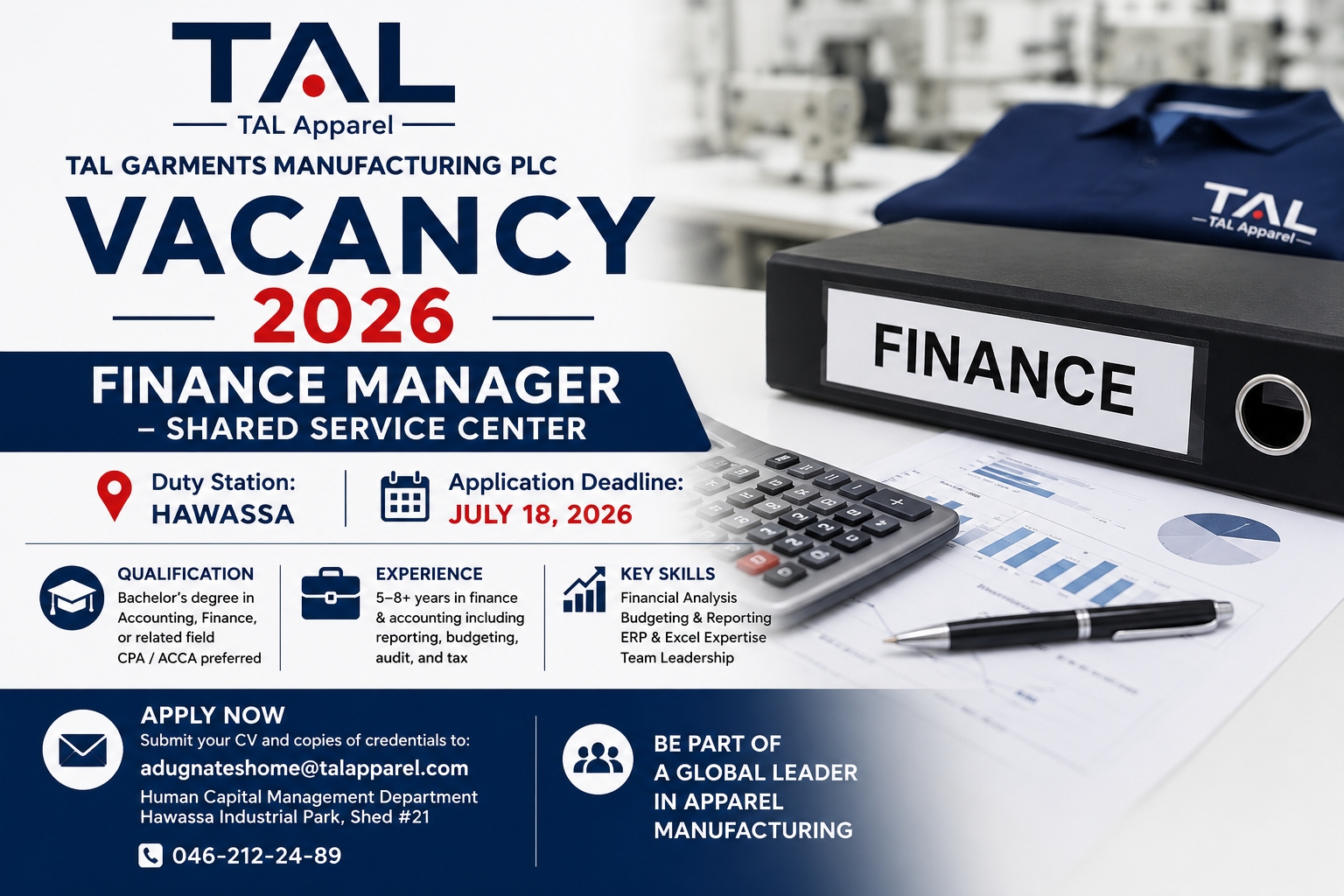 TAL Garments Manufacturing PLC Vacancy 2026 Finance Manager Job in Hawassa