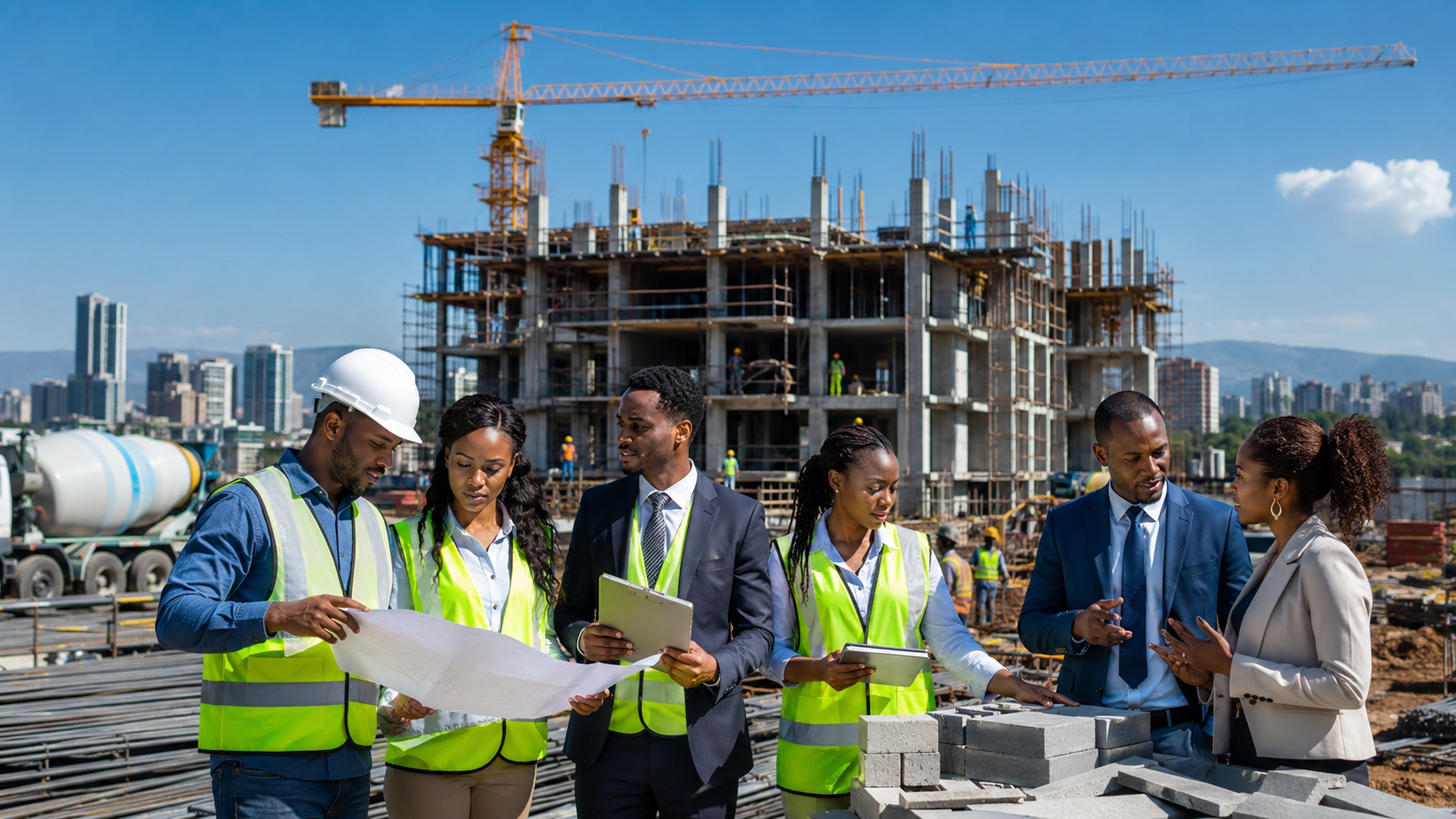 Compass Construction PLC Job Vacancy 2026 featuring Ethiopian construction professionals at a modern high-rise building project in Addis Ababa.