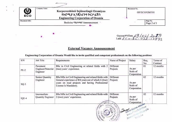 Oromia Engineering Corporation application information and deadline